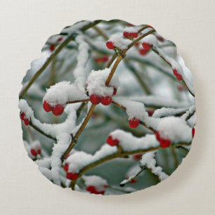 Coussins Ronds Baies Rouges dans la Neige d'Hiver
