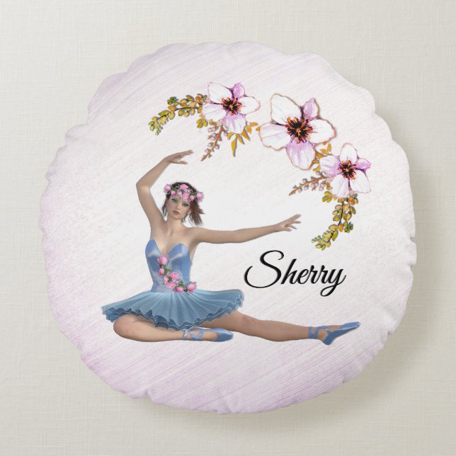 Coussins Ronds Ballerina en bleu Nom personnel rose (Devant)