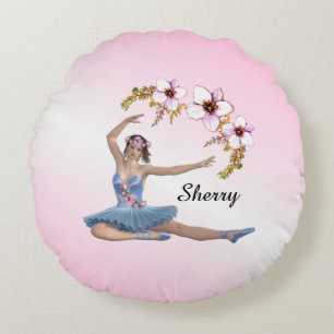 Coussins Ronds Ballerina en bleu Nom personnel sur rose