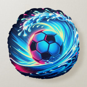 Coussins Ronds Ballon de football futuriste sur l'océan surf