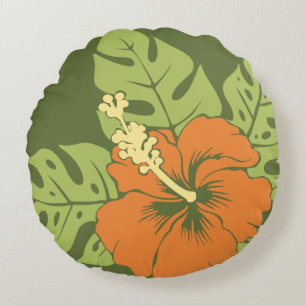 Coussins Ronds Banzai Beach Hibiscus hawaïen réversible
