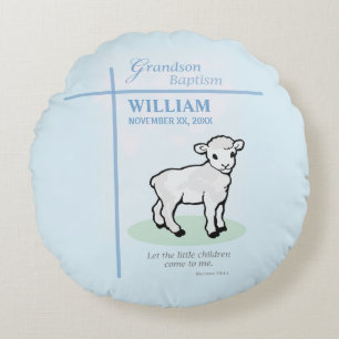 Coussins Ronds Baptême de petit-fils Agneau Bleu Personnalisé