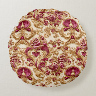Coussins Ronds Baroque Floral Luxueux Or et Bourgogne
