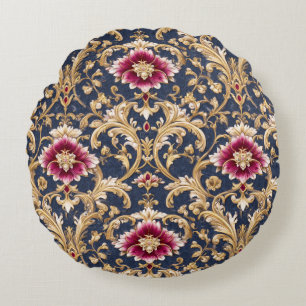 Coussins Ronds Baroque Floral Royal sur Fond Bleu Profond