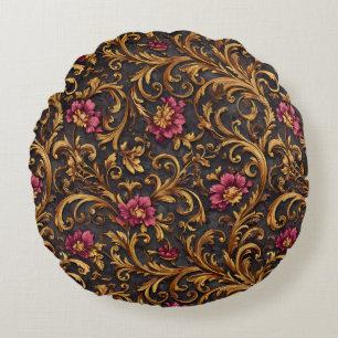 Coussins Ronds Baroque Floral Sombre aux Rouleaux Dorés