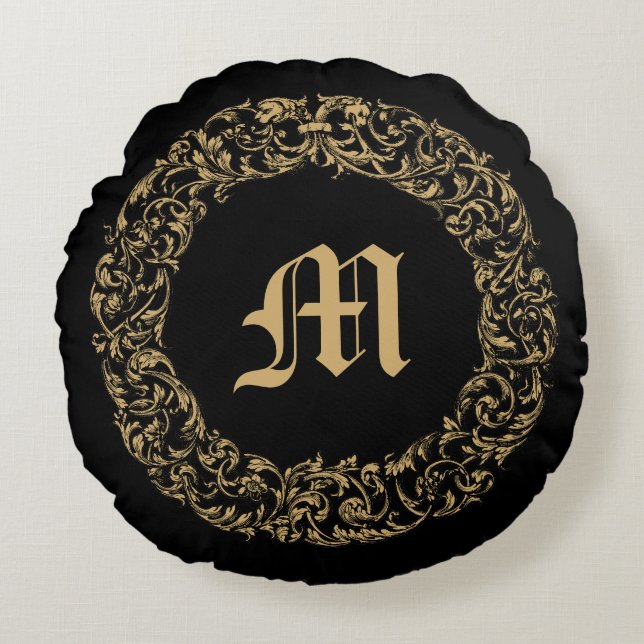 Coussins Ronds Baroque Rococo Floral Wreath Monogram Print (Devant)