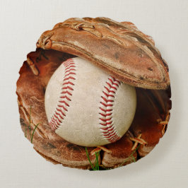Coussins Ronds Base-ball et vieux gant dans l'herbe d'été