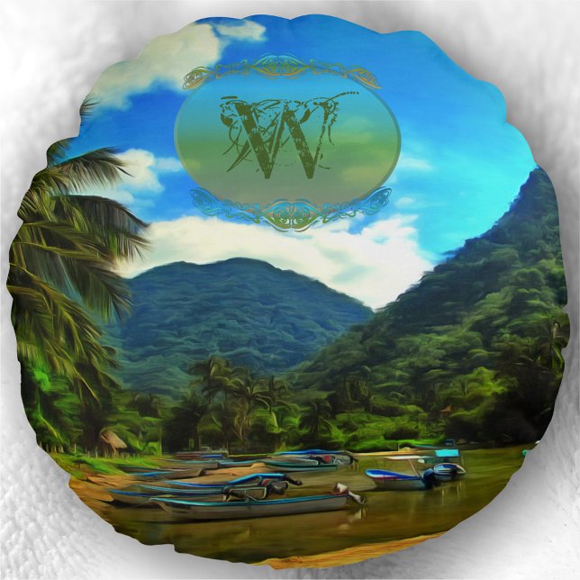 Coussins Ronds Bateaux de pêche de la rivière Mismaloya 0344 (Créateur téléchargé)