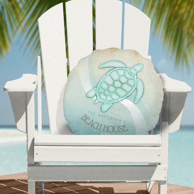 Coussins Ronds Beach House Tortue nautique Aqua Blue ID623 (Créateur téléchargé)