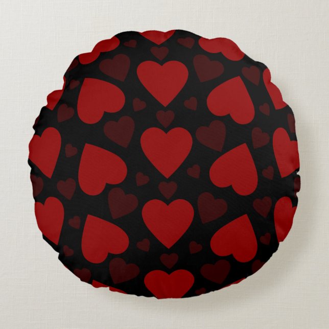 Coussins Ronds Beau coeur rouge motif sur noir (Devant)