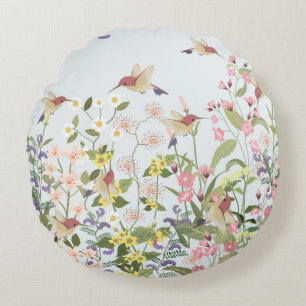 Coussins Ronds Beau colibri dans le jardin fleuri