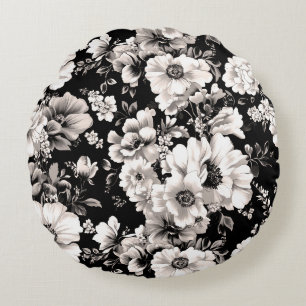 Coussins Ronds Beau ton sépia noir et clair floral