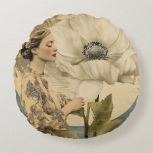 Coussins Ronds Beauté Lune - Femme avec Fleur Blanche et Lune