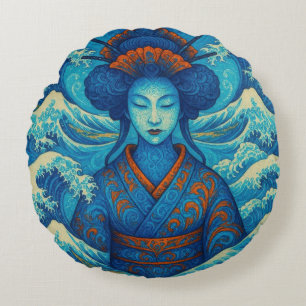 Coussins Ronds Beauté orientale Geisha Kanagawa vagues bleues