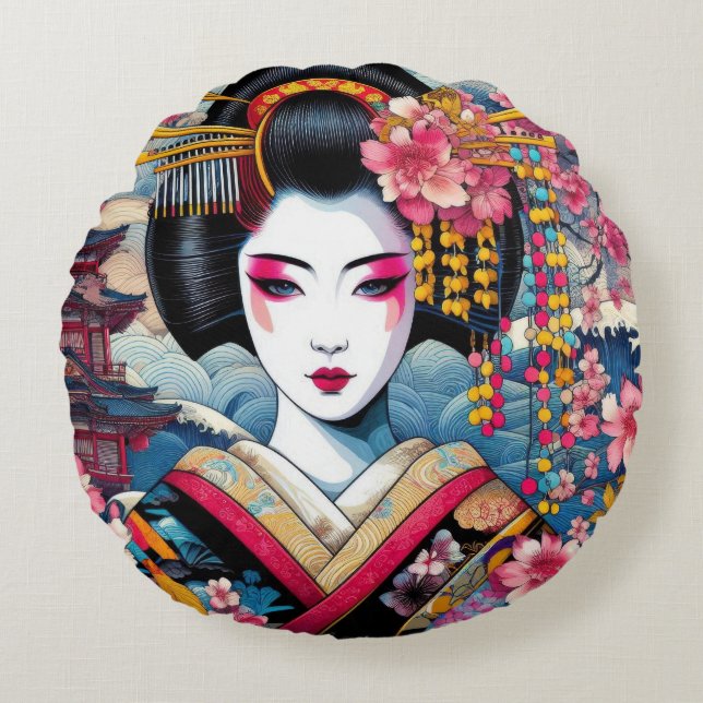 Coussins Ronds Beauté orientale Geisha Maiko sakura fleurs vagues (Devant)