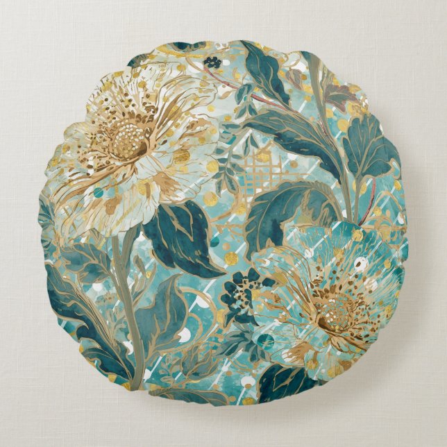 Coussins Ronds Beautiful Blooming Flowers with Green Gold Pattern (Devant)