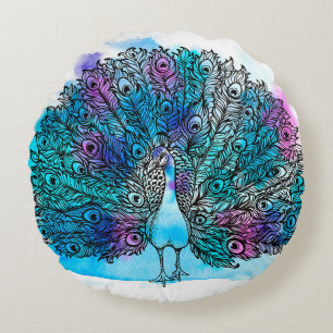 Coussins Ronds Beautiful Hand drawn Peacock bird consist many det