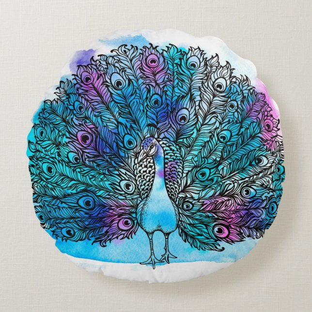 Coussins Ronds Beautiful Hand drawn Peacock bird consist many det (Devant)