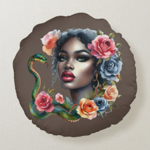 Coussins Ronds beautiful women and snake cushion
