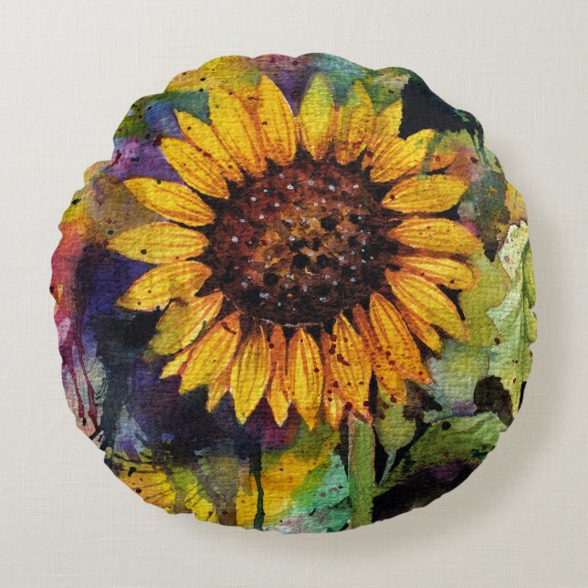 Coussins Ronds Beaux Tournesols En Aquarelle (Devant)