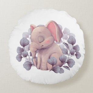 Coussins Ronds Bébé éléphant mignon dormant avec des feuilles