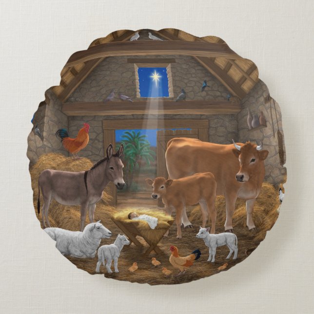 Coussins Ronds Bébé Jésus Manger Nativité de Noël (Devant)