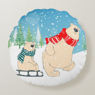 Coussins Ronds Bébé ours sur traîneau en hiver Neige un Noël
