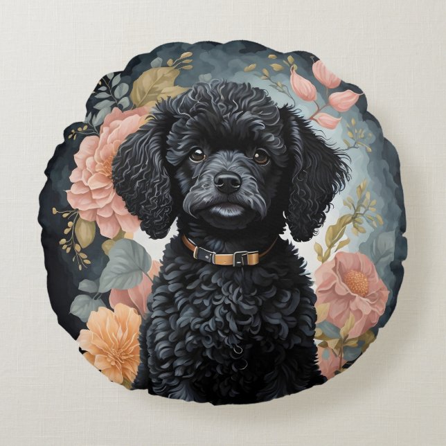 Coussins Ronds Bébés mignons animaux | Joli chiot de caniche noir (Devant)