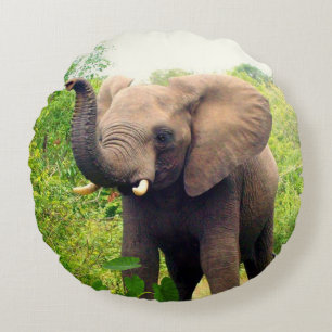 Coussins Ronds Bel Éléphant d'Afrique & Plantes Tropicales