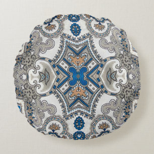 Coussins Ronds Belle arabesque blanche et bleue, motif islamique