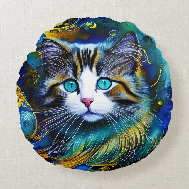 Coussins Ronds Belle Chat Mystique en Blues et Golds (Devant)
