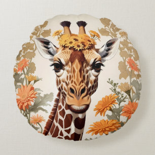 Coussins Ronds Belle Giraffe et Gerbera Daisy Flowers