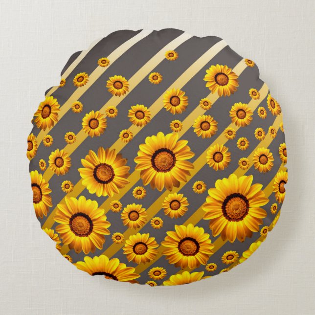 Coussins Ronds Belles fleurs jaunes sur gris, rayures dorées (Devant)