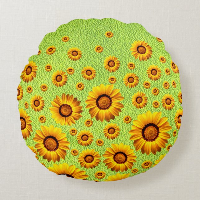 Coussins Ronds Belles fleurs jaunes sur vert abstrait (Devant)