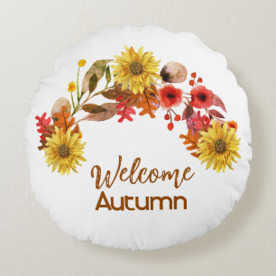 Coussins Ronds Bienvenue automne aquarelle fleurs guirlande saiso