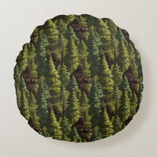 Coussins Ronds Bigfoot Hiding In A Pine Tree Forest (Devant)