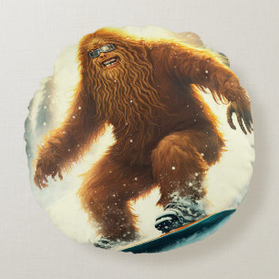 Coussins Ronds Bigfoot hirsute en snowboard AI Yéti Pente enneigé