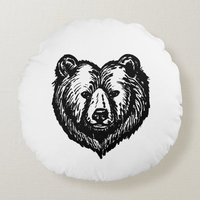 Coussins Ronds Black and White Bear's Face Ink Drawing (Devant)