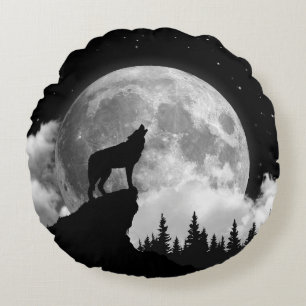 Coussins Ronds Black and white wolf howling at the moon