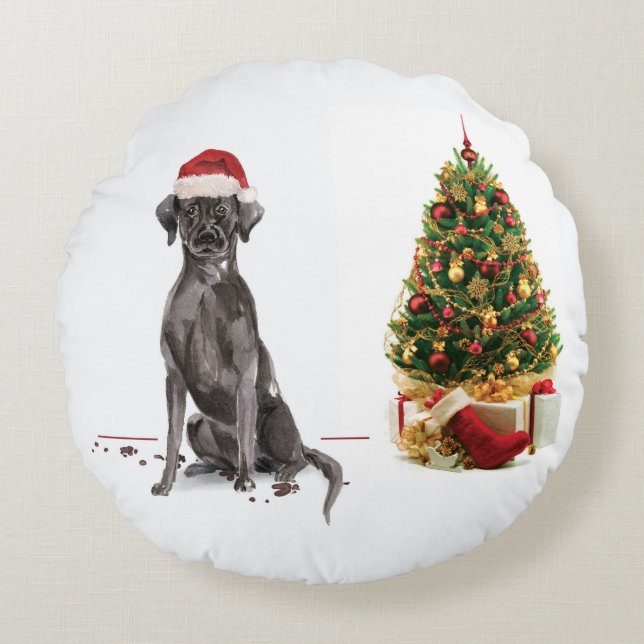 Coussins Ronds Black Lab Funny Chien de Noël et arbre (Devant)