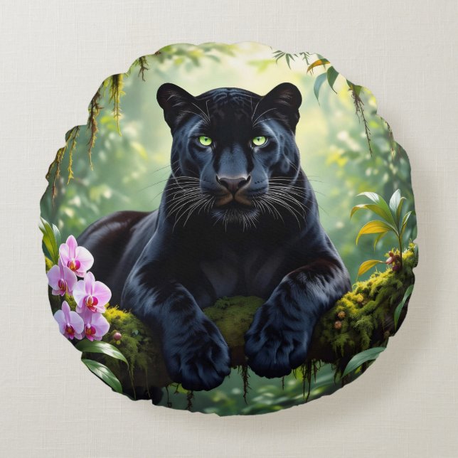 Coussins Ronds Black Panther in the Jungle (Devant)