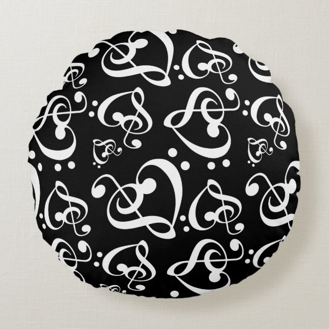 Coussins Ronds Black White Treble Clef Heart Music Notes Motif (Devant)