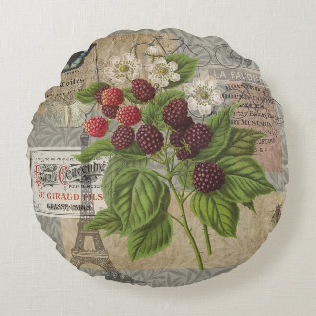 Coussins Ronds Blackberries Floral Garden Flower Papillon Art (Devant)