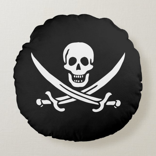 Coussins Ronds Blanc, Drapeau Pirate Calico Jack, Crâne & Cutlass (Devant)