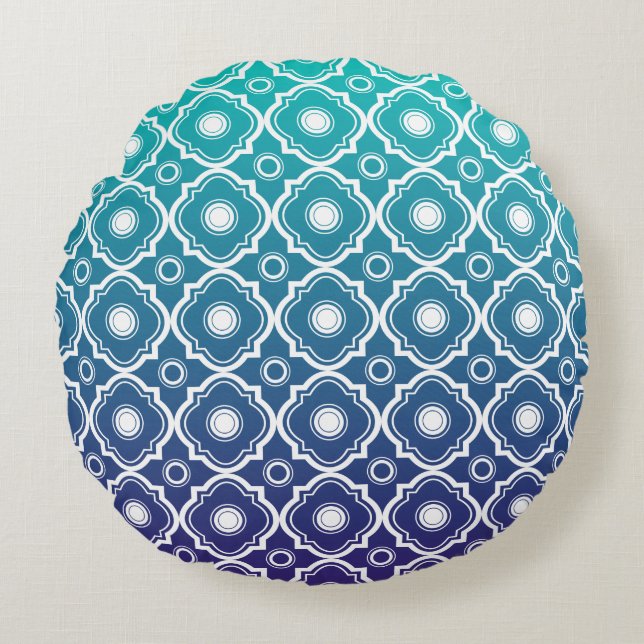 Coussins Ronds Blanc et bleu vert dégradé Quatrefoil géométrique (Devant)