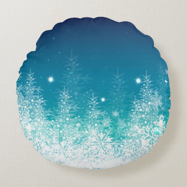 Coussins Ronds Blanc et minuit Bleu Noël NeigeFlakes (Devant)