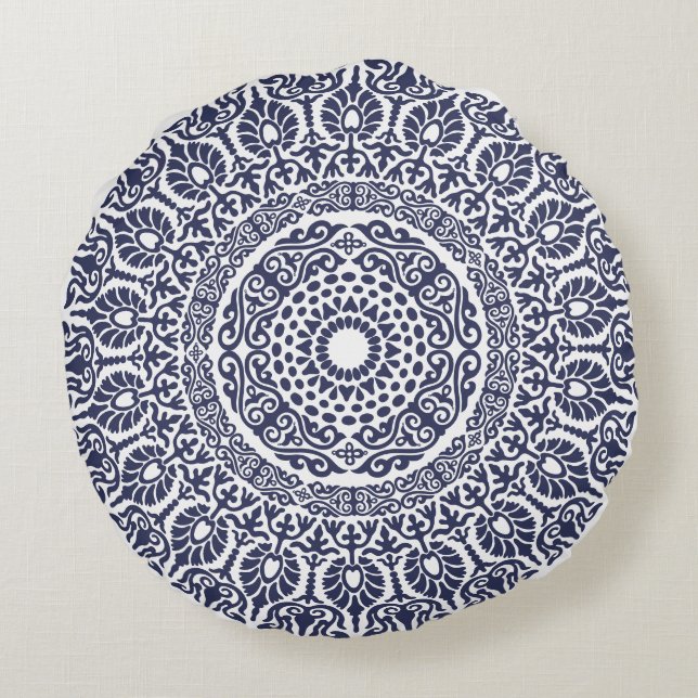 Coussins Ronds Blanc & Marine bleu moderne Mandala boho chic indi (Dos)