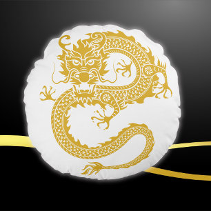 Coussins Ronds Blanc, Or & Noir, Dragon chinois Zodiac  