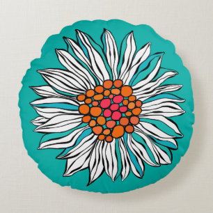 Coussins Ronds Blanc Turquoise Jaune Orange Rouge Fleurs margueri