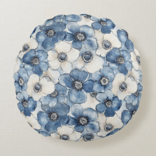 Coussins Ronds Bleu Blanc Denim Coeur rayures Floral